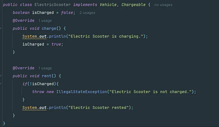 In addition to Vehicle interface Electric Scooter is implementing both Vehicle and Chargeable Interface.