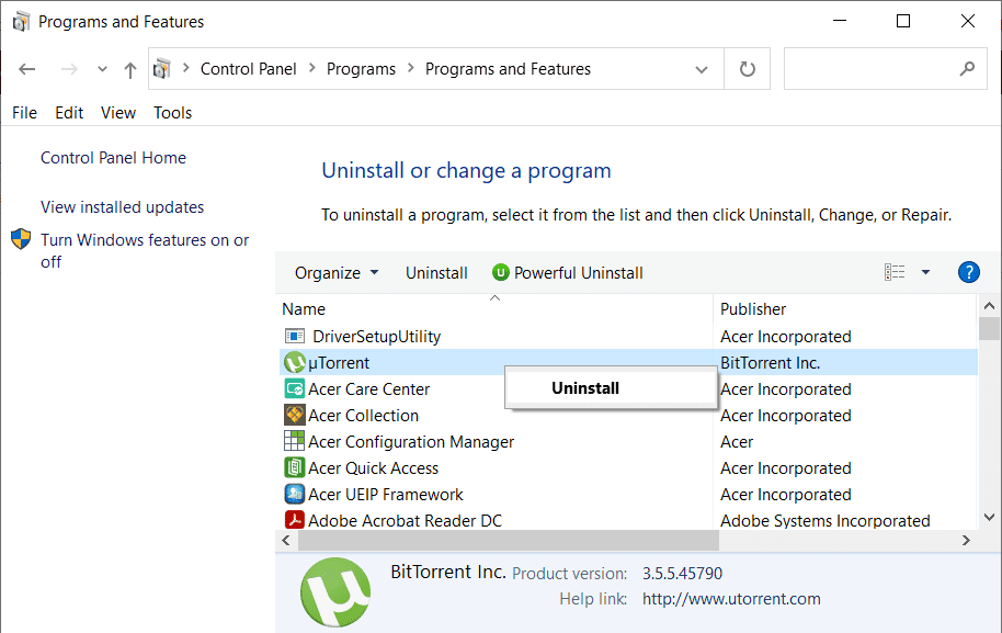 右键单击 uTorrent 并选择卸载 |  修复 uTorrent 访问被拒绝错误