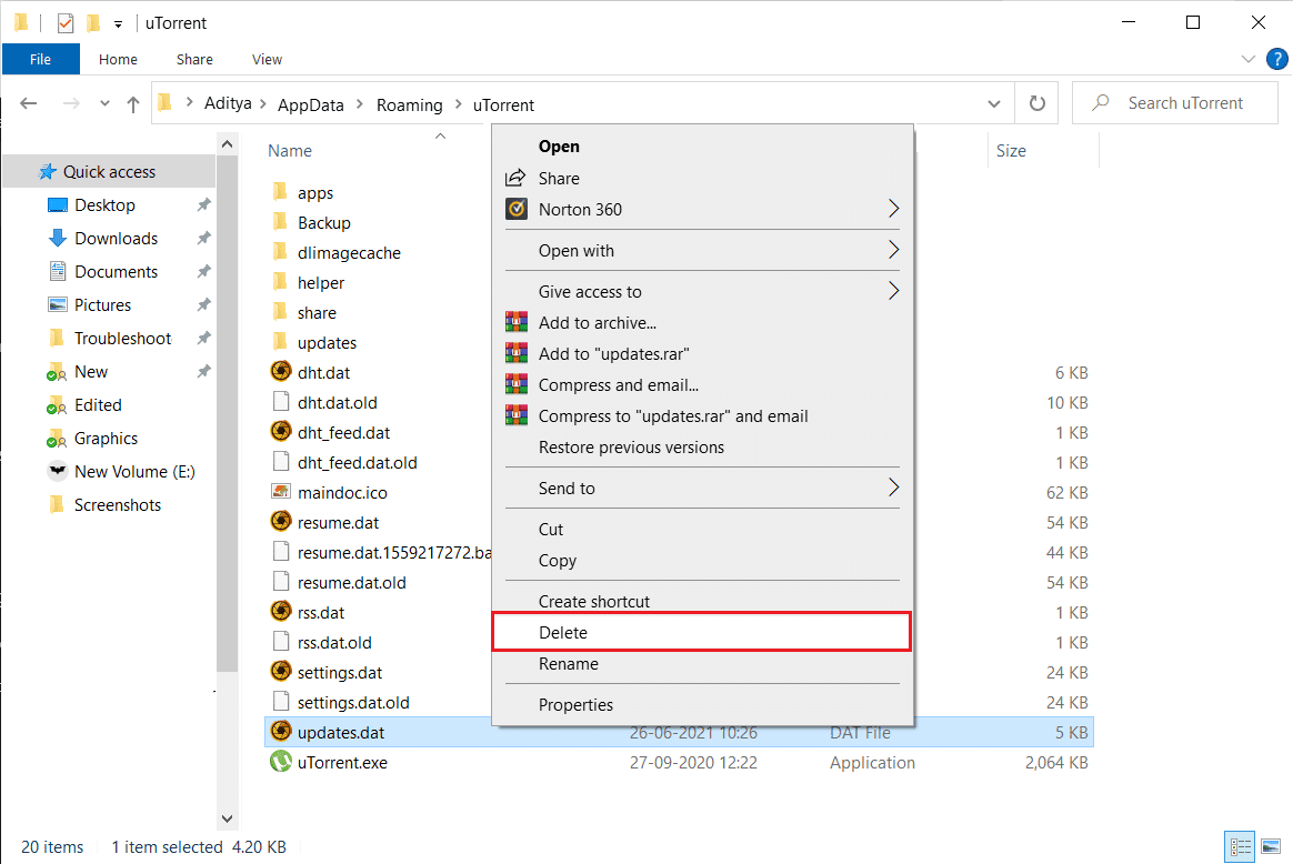 右键单击updates.dat 文件并选择Delete |  修复 uTorrent 访问被拒绝错误