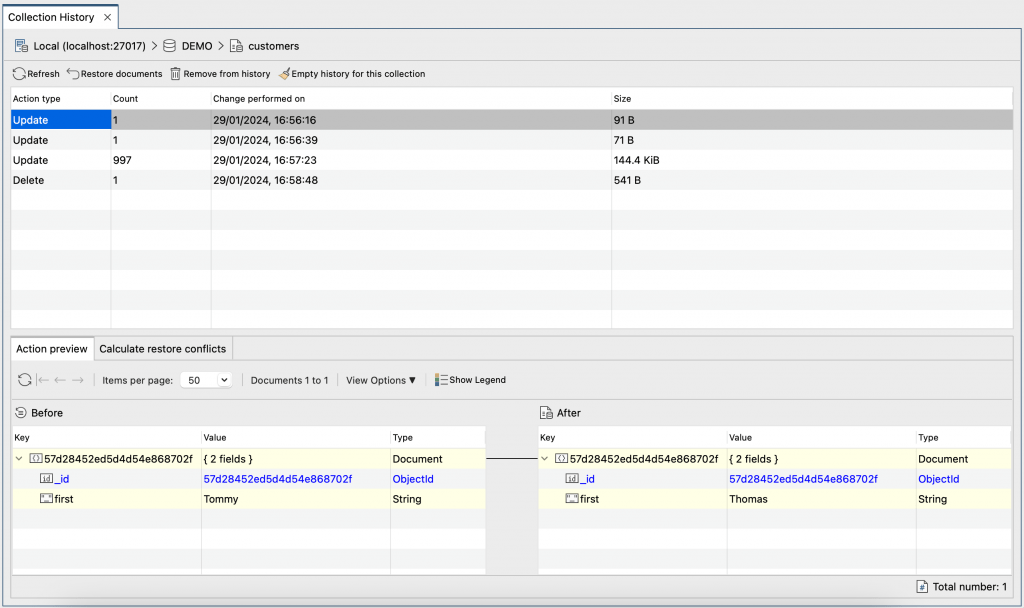 在 Studio 3T 2024.1 中，您可以查看更新的颜色编码预览并在收藏历史记录中恢复文档