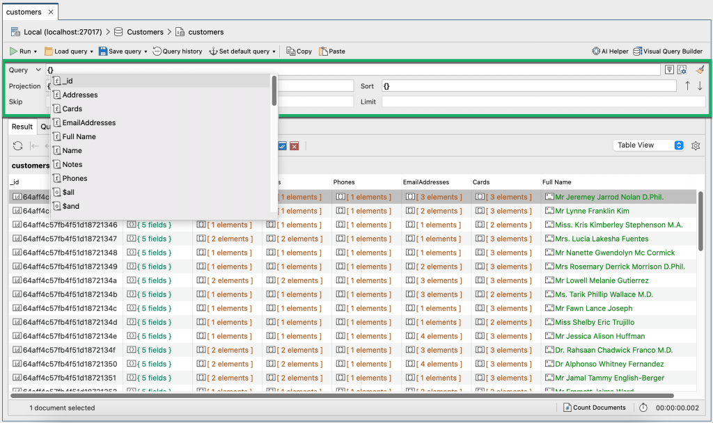 In Studio 3T 2024.1, the Collection Tab now has auto-completion on the Query, Projection, and Sort fields in the Query Bar.