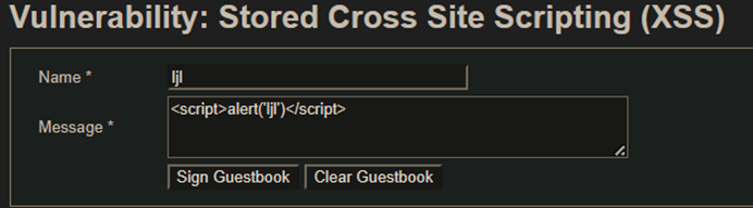 Vulnerability: Stored Cross Site Scripting (XSS)  Name •  Sigl Guestbook Clear Guestbook 