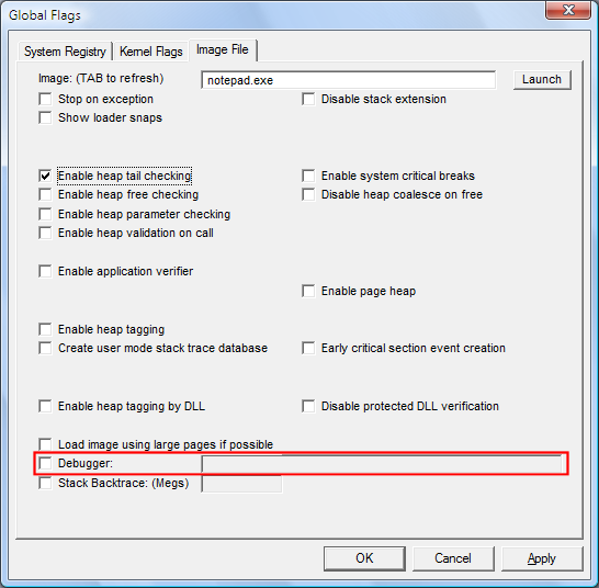 screen shot of the debugger check box on the image file tab in windows vista .