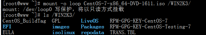 计算机生成了可选文字:
[root黑]#mount一0loopCent0S—7—x8664一DVD一161Liso/WIN2K3/
mount．/dev/100p0写保护，将以只读方式挂载
[root黑黑，]#1s/WIN2K3/
CentOSBuildTagGPL
EULA
Live()SRPM—GPG—KEY—CentOS—7
PackagesRPM—GPG—KEY—CentOS—Testing—7
repodataTRANS.TBL