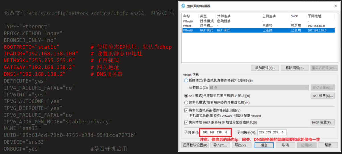 tc/sysconfig/network—scripts/ i f c fg—ens33 , 
PROXY 
8RCWSER 
BOOTPROTO= " static" 
IPADDR= "192 .168.138. lee" 
NETMASK= "255.255.255 .€" 
GATEWAY: "192.168.138.2" 
DNSI= "192.168.138.2" 
" no" 
IPV4 FAILURE FATAL 
IPV6 
IPV6 
" no" 
IPV6 FAILURE FATAL 
" stable- privacy" 
IPV6 ADDR GEN 
NAME: "ens33 " 
DEVICE: " ens33 " 
ONBOOT= "yes " 