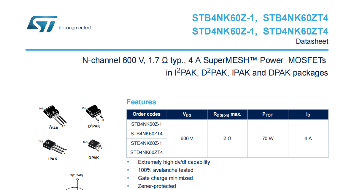 STD4NK60ZT4一款N沟道600 V，1.7 Ω 内阻，4A超级MESH功率MOS管_STD4NK60ZT4_02