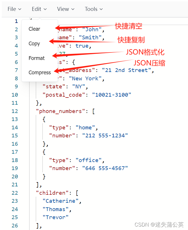 清空、复制、JSON格式化、JSON压缩等功能展示