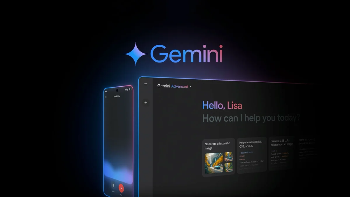 在黑色背景上的 Gemini 标志，上方是手机屏幕和计算机屏幕的轮廓。计算机屏幕上的文字为：“你好，Lisa。今天我能帮你做什么？”